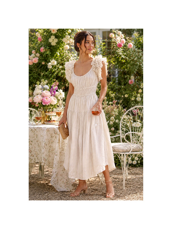 Ulla Johnson Dresses & Skirts - Ulla Johnson 8 Linen Rissa Midi Dress $525 Ruffle Puff Sleeve Smocked Waist Tan